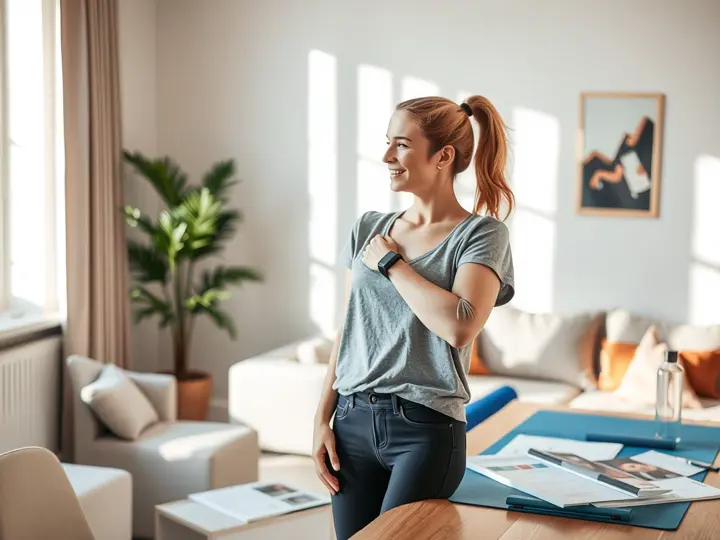 年轻女性穿着运动服在客厅中查看健康数据